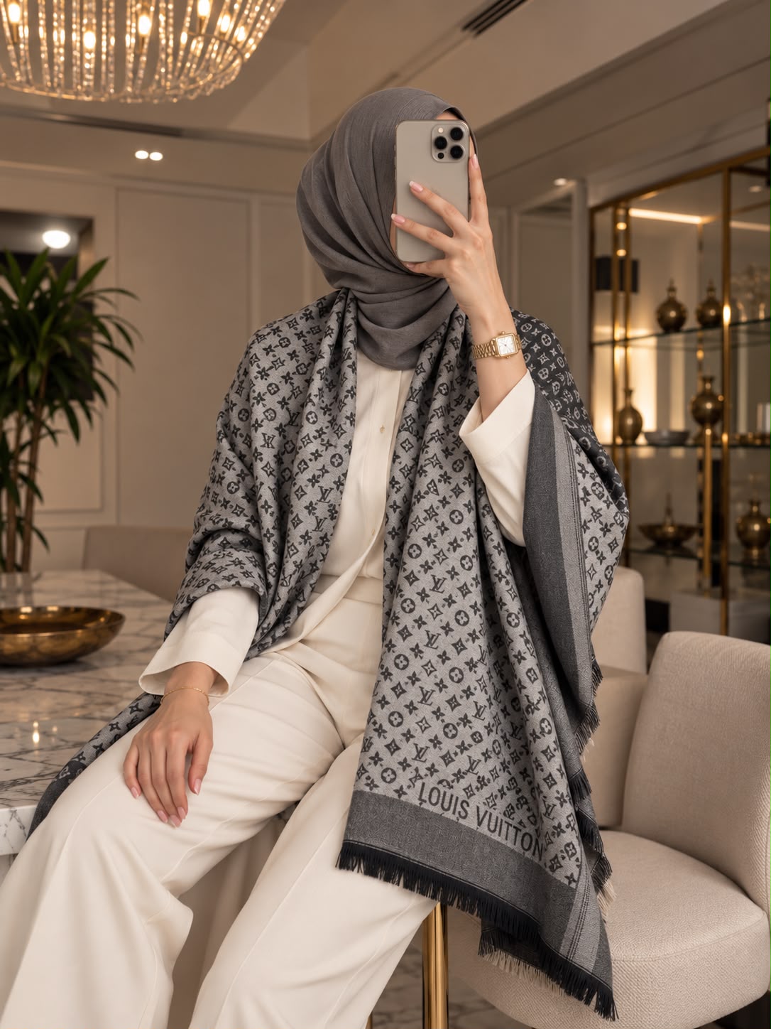 Light grey monogram-inspired pashmina wrap with charcoal detailing, textured border and fringed edges styled as an elegant winter layer.