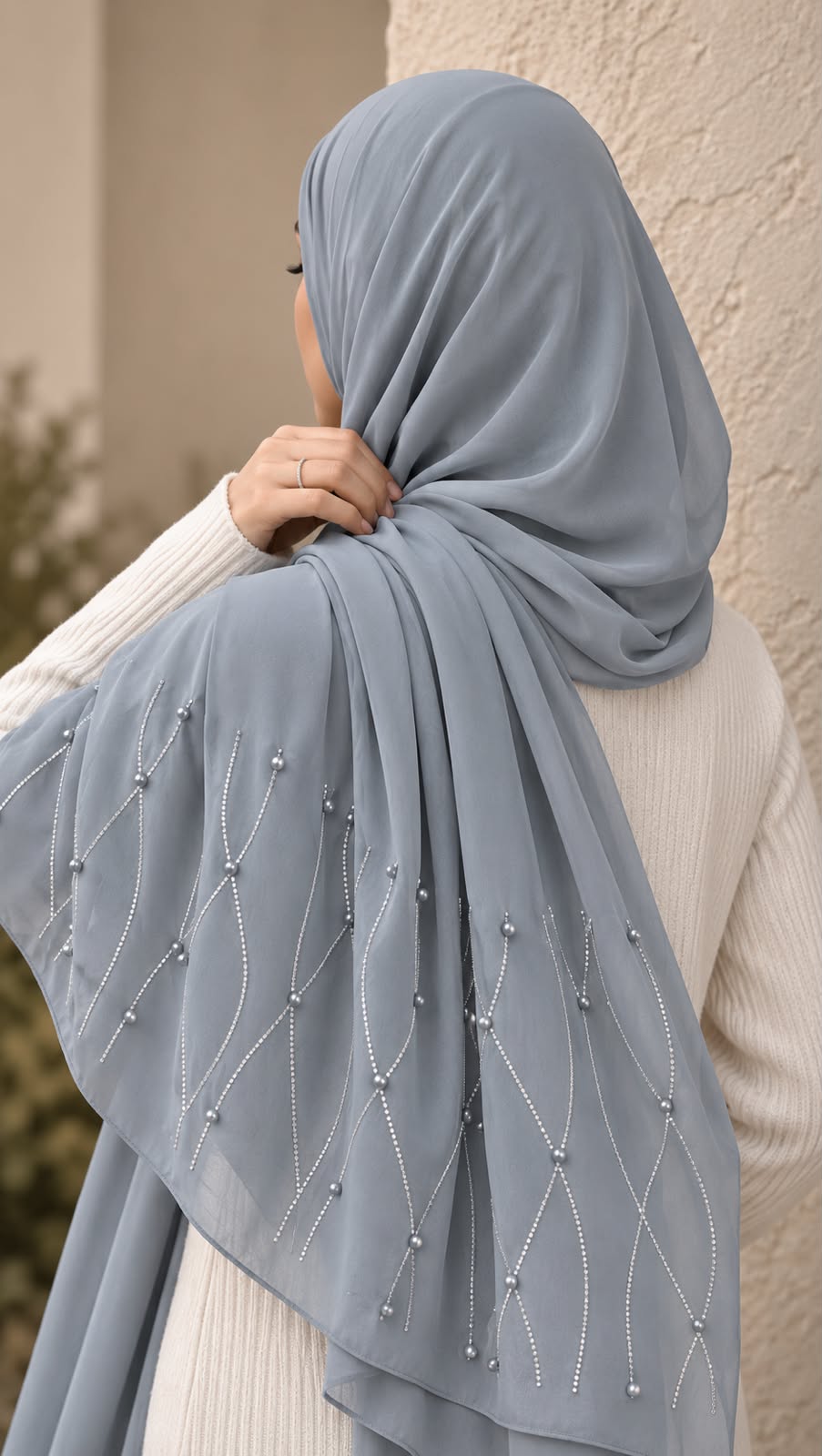 Light grey chiffon georgette hijab with delicate stone and pearl embellishments
