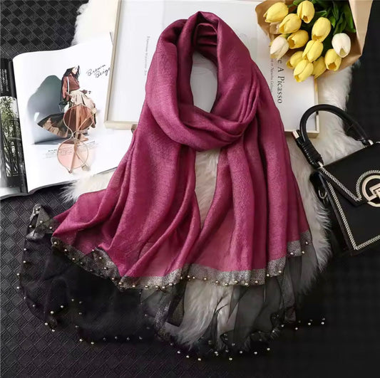 Magenta and black khaadi silk hijab with golden pearl embellished organza border