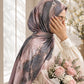 Aynn Alif Marble Muse printed sheen silk hijab in blush pink and charcoal grey marble print