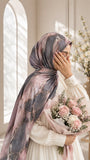 Aynn Alif Marble Muse printed sheen silk hijab in blush pink and charcoal grey marble print