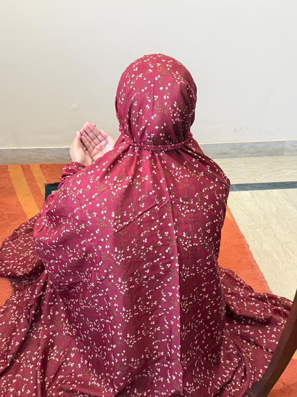 Maroon floral namaz chaadar for women by Aynn Alif Pakistan wudu friendly prayer chaadar with elastic sleeves, elastic headband and full coverage