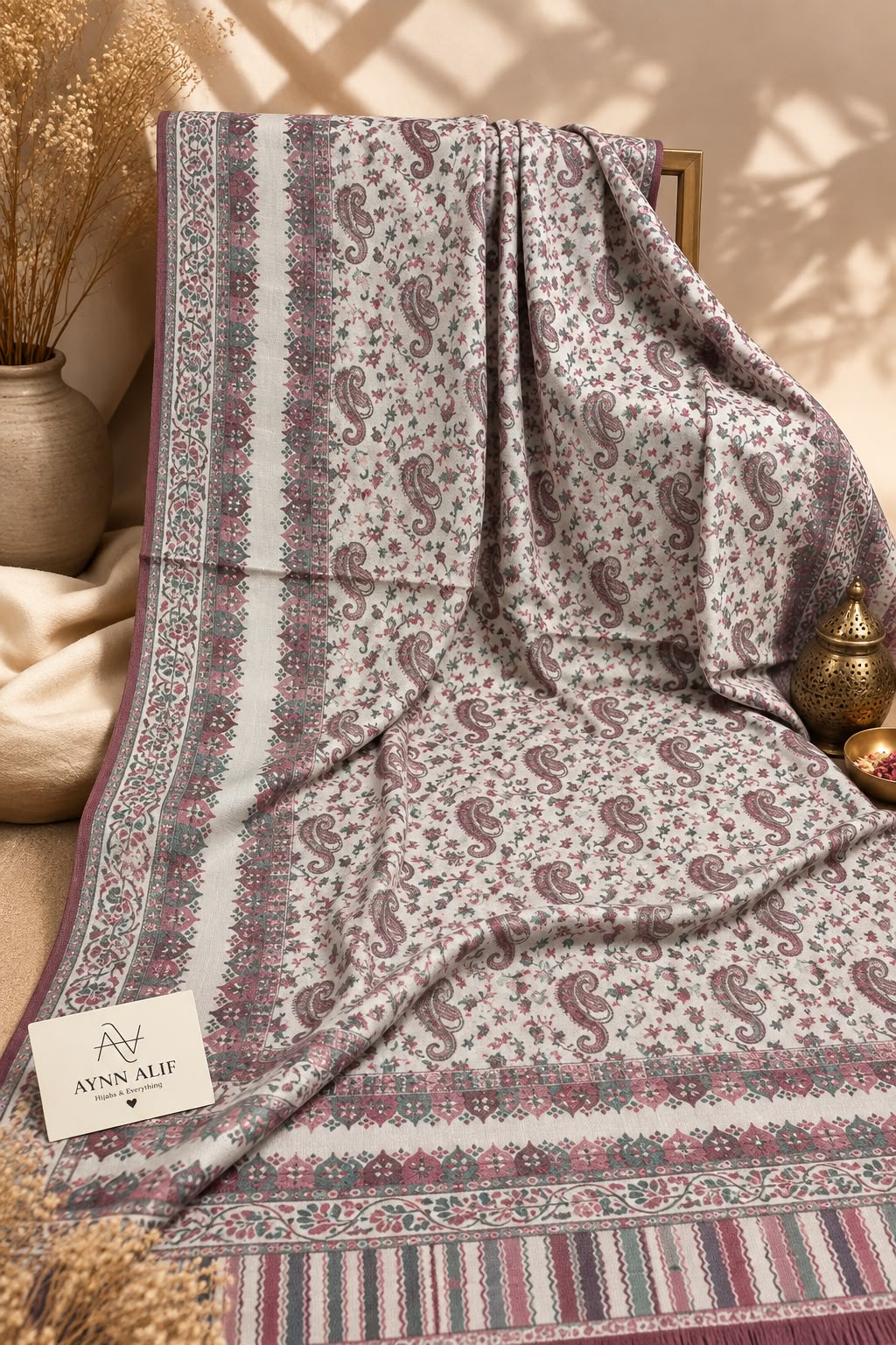 Maroon green Kashmiri Kani shawl with an ivory base, intricate maroon paisley motifs, green floral detailing and decorative borders by Aynn Alif Pakistan