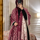 Maroon and ivory paisley reversible woolen wrap styled over a black modest outfit
