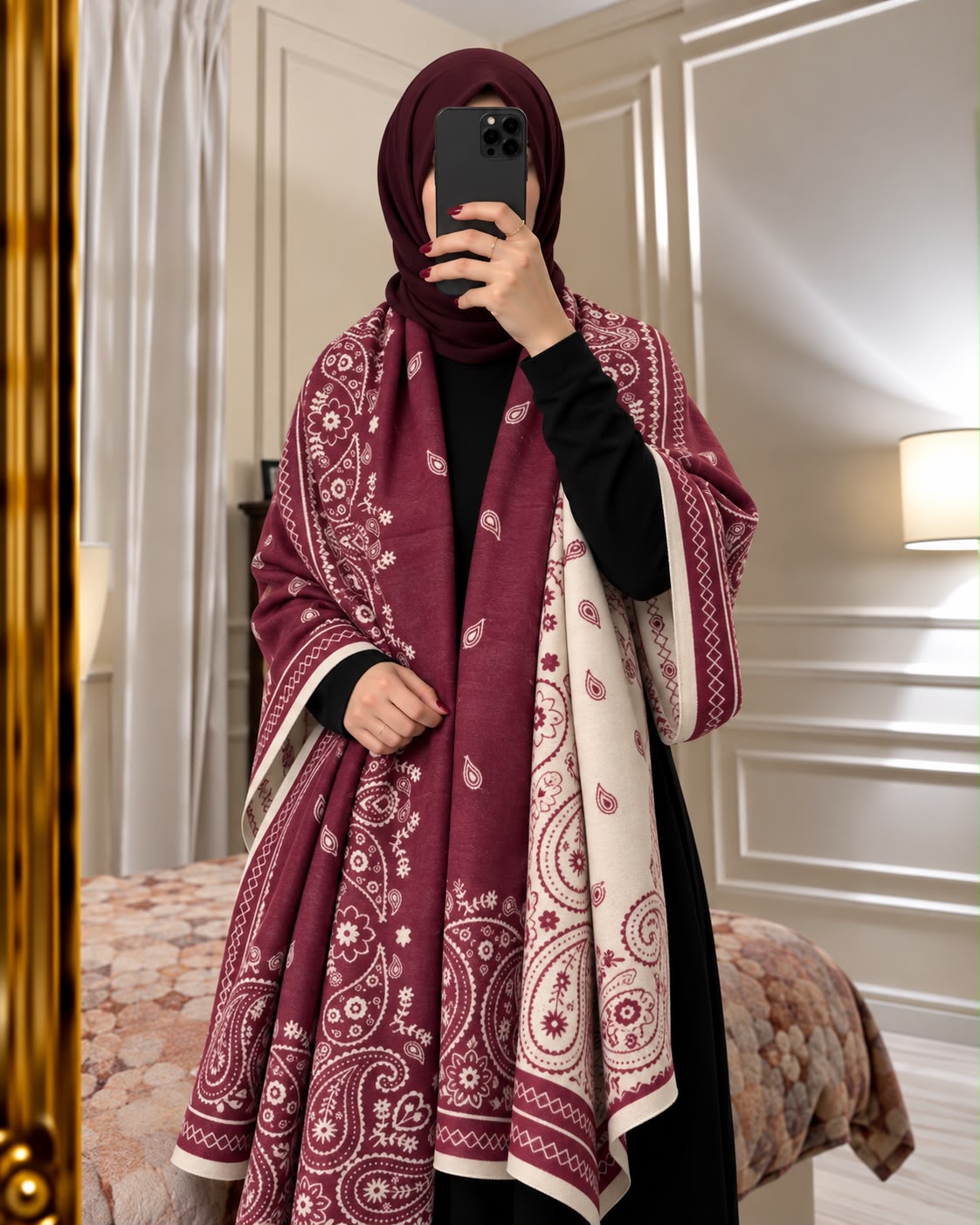 Maroon and ivory paisley reversible woolen wrap styled over a black modest outfit