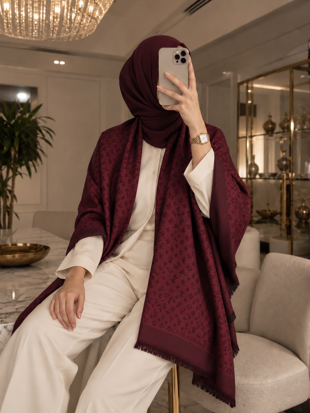 Maroon monogram-inspired pashmina wrap with tonal pattern, refined border and fringed edges styled as an elegant winter layer for women