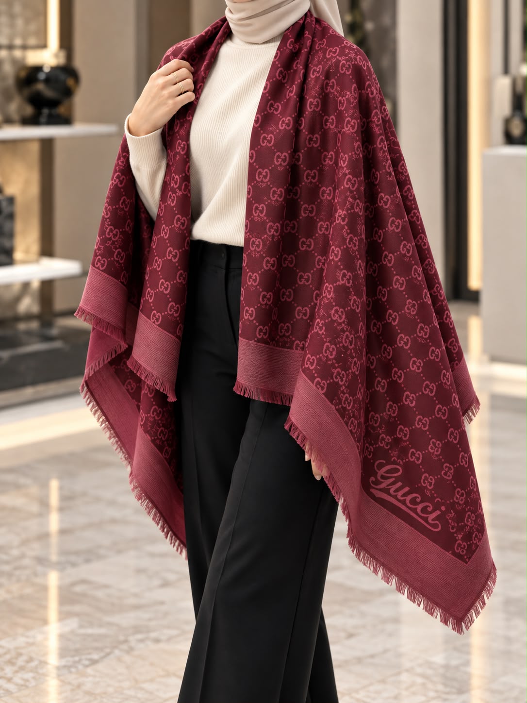 Maroon monogram-inspired pashmina wrap with tonal detailing, coordinating border and fringed edges styled for elegant winter layering.