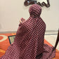 Maroon namaz chaadar with beige rings by Aynn Alif Pakistan featuring elastic sleeves, elastic headband, wudu-friendly design, breathable fabric, and full coverage prayer wear for women.