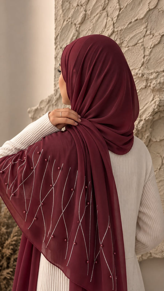 Maroon chiffon georgette hijab with elegant stone and pearl embellishments