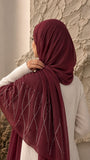 Maroon chiffon georgette hijab with elegant stone and pearl embellishments