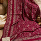 Maroonish red Kashmiri Kani shawl featuring intricate blush pink and beige paisley motifs, floral patterns and decorative borders by Aynn Alif Pakistan