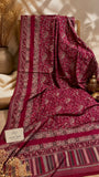 Maroonish red Kashmiri Kani shawl featuring intricate blush pink and beige paisley motifs, floral patterns and decorative borders by Aynn Alif Pakistan