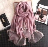Mauve khaadi Viscose silk hijab with organza border and golden pearl embellishments