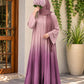 Mauve ombre front open abaya in Silk Korean Nidah with straight sleeves and matching scarf, featuring a soft dusty pink to deep berry gradient.