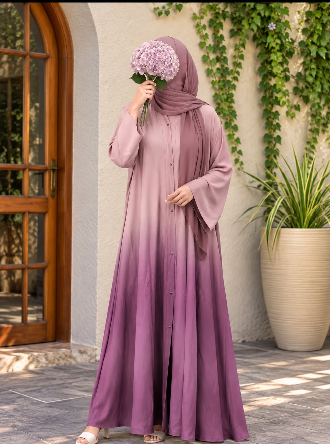 Mauve ombre front open abaya in Silk Korean Nidah with straight sleeves and matching scarf, featuring a soft dusty pink to deep berry gradient.