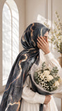 Aynn Alif Midnight Gold Marble printed sheen silk hijab in black and charcoal with gold marble detailing