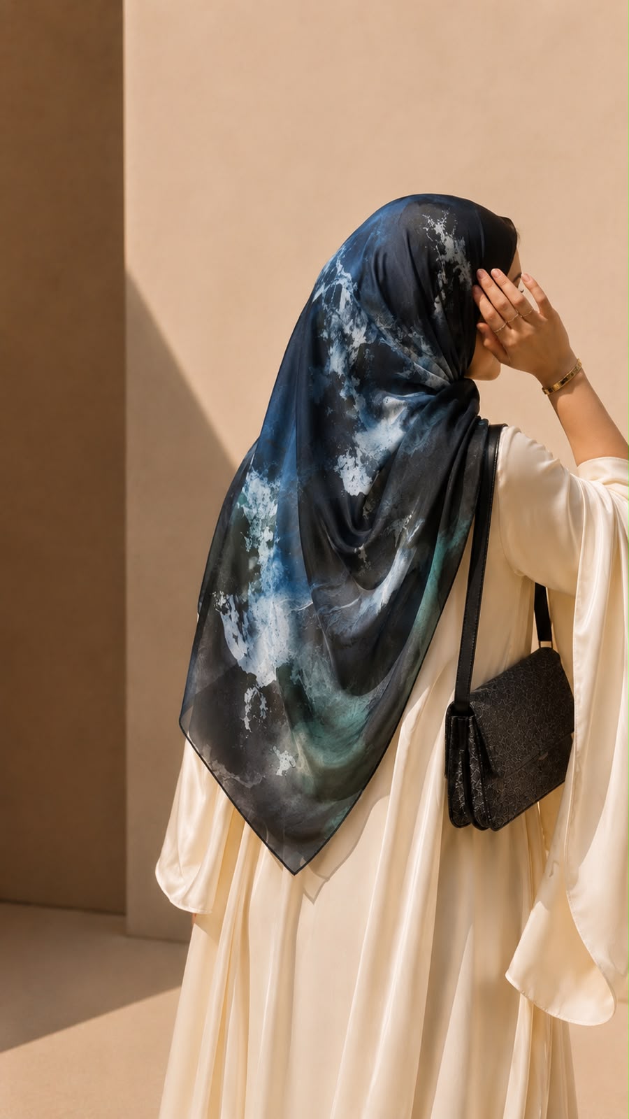 Midnight Mist black square chiffon georgette hijab with abstract blue, sage and grey print by Aynn Alif Pakistan