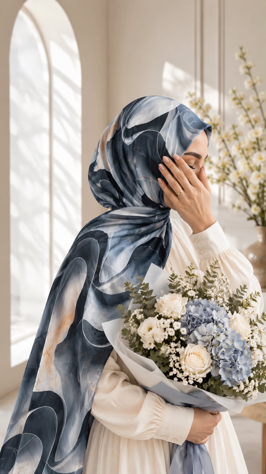 Aynn Alif Midnight Waves printed sheen silk hijab in navy blue, powder blue and white abstract print