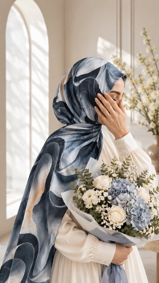 Aynn Alif Midnight Waves printed sheen silk hijab in navy blue, powder blue and white abstract print
