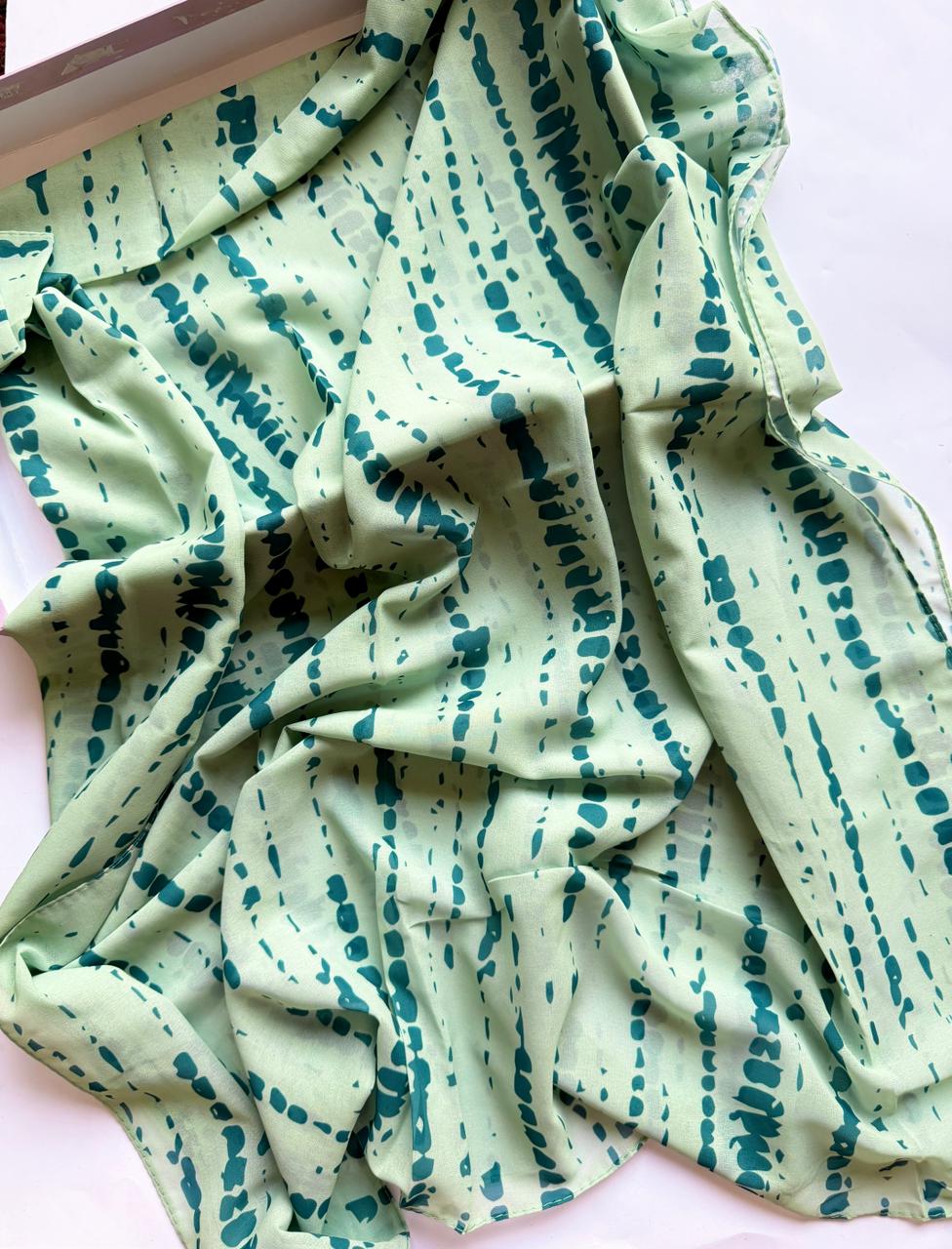 Mint green chiffon georgette hijab with bottle green tie dye soft airy fabric