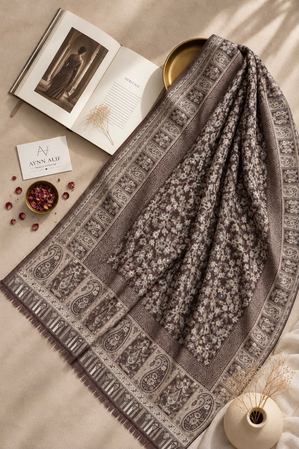 Aynn Alif Kashmiri Kani mini shawl in mocha brown and taupe beige, featuring intricate floral motifs, paisley patterns, decorative borders, and delicate fringe detailing.