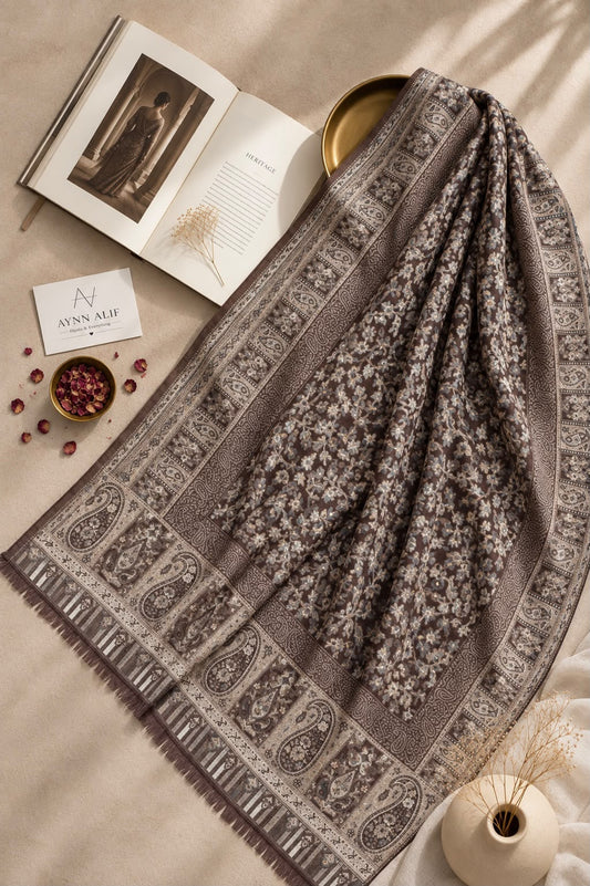 Aynn Alif Kashmiri Kani mini shawl in mocha brown and taupe beige, featuring intricate floral motifs, paisley patterns, decorative borders, and delicate fringe detailing.