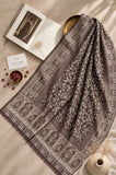 Aynn Alif Kashmiri Kani mini shawl in mocha brown and taupe beige, featuring intricate floral motifs, paisley patterns, decorative borders, and delicate fringe detailing.