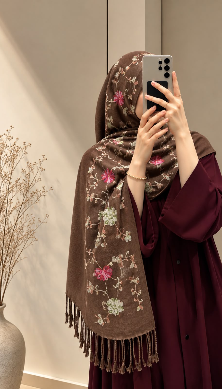 Mocha brown cashmere embroidered hijab featuring colourful floral embroidery, delicate sequin embellishments, and matching fringed edges by Aynn Alif.