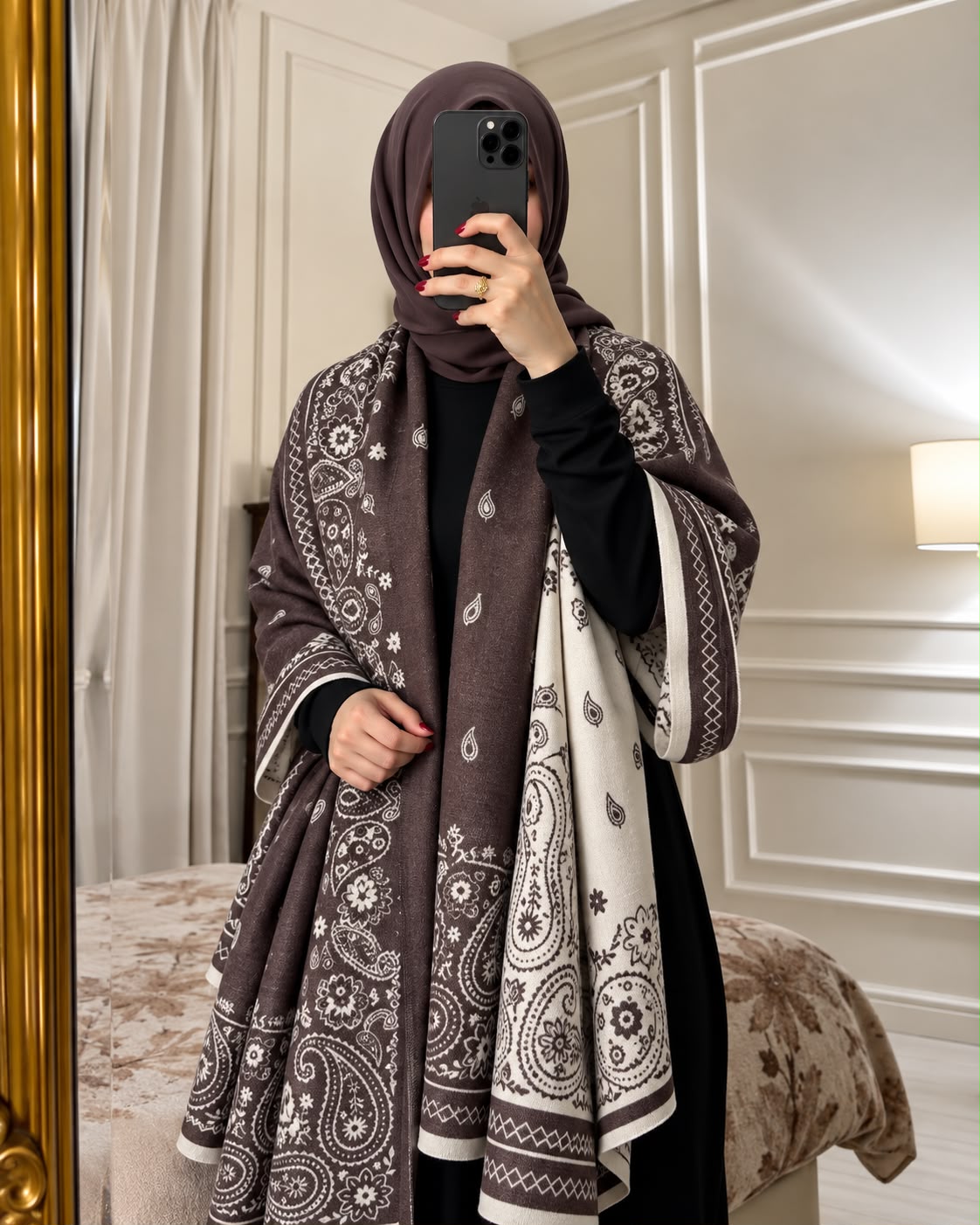 Mocha brown and ivory paisley reversible woolen wrap styled over a black modest outfit