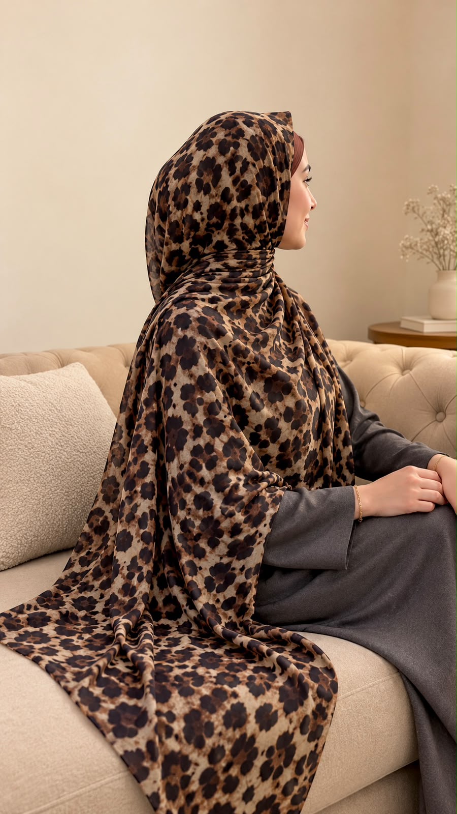 AYNN ALIF mocha leopard print modal lawn hijab in caramel beige and chocolate brown styled with a charcoal grey outfit.