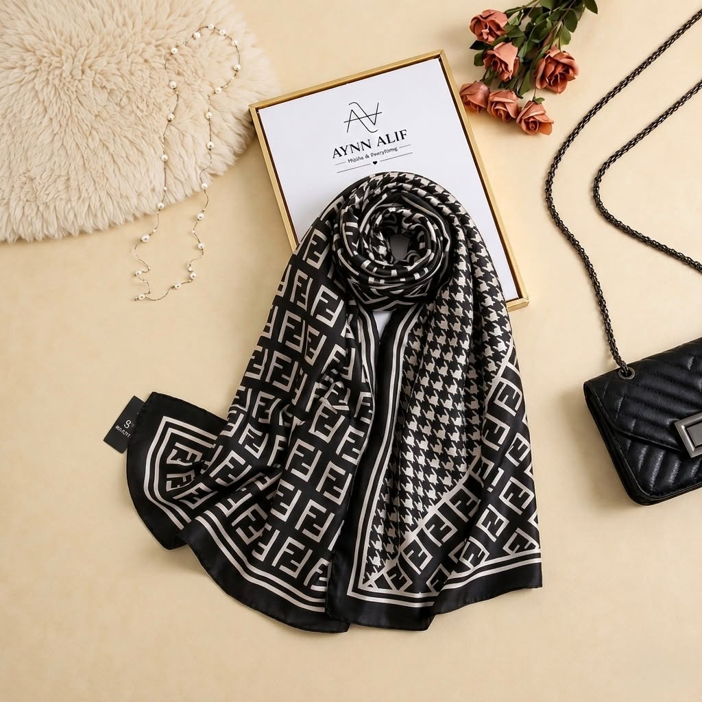 Black and ivory printed silk scarf with geometric and houndstooth-inspired patterns by Aynn Alif