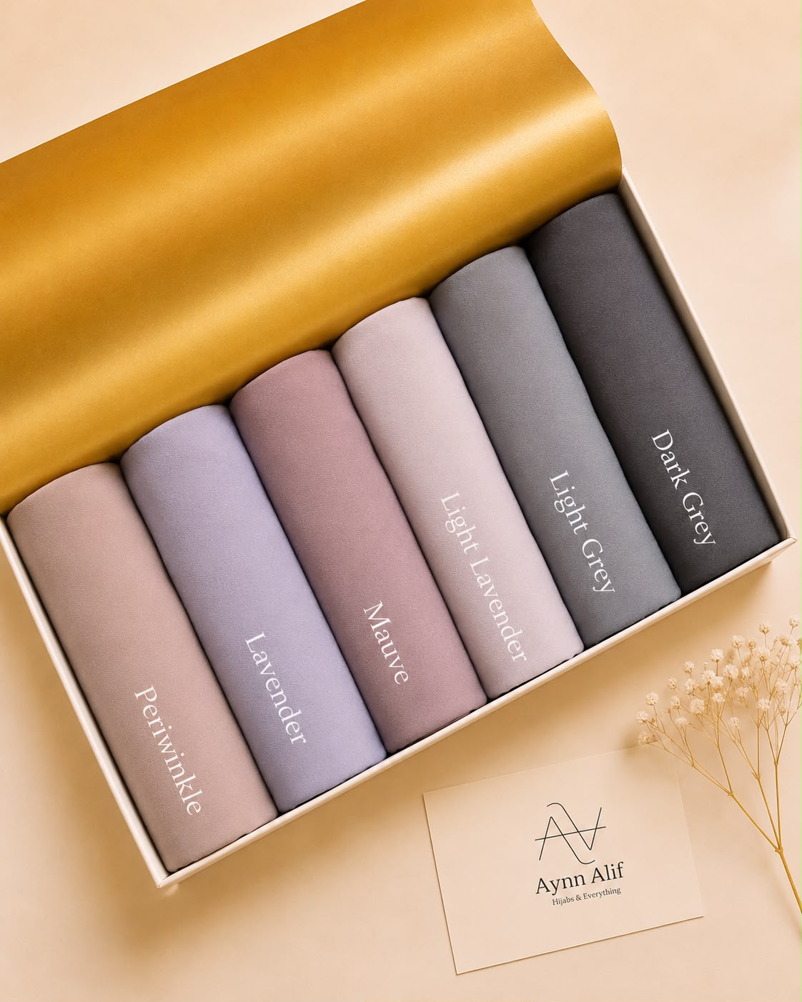 Moonlit Pastels Chiffon Georgette Hijab Collection by Aynn Alif featuring Periwinkle, Lavender, Mauve, Light Lavender, Light Grey and Dark Grey hijabs.