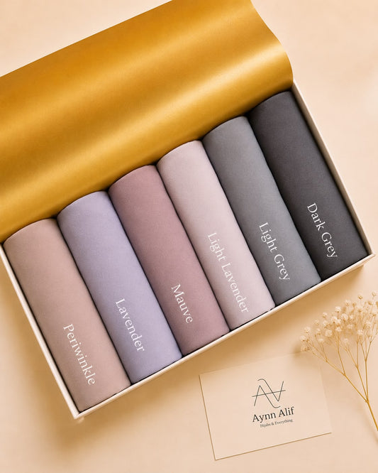 Moonlit Pastels Chiffon Georgette Hijab Collection by Aynn Alif featuring Periwinkle, Lavender, Mauve, Light Lavender, Light Grey and Dark Grey hijabs.