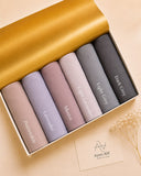 Moonlit Pastels Chiffon Georgette Hijab Collection by Aynn Alif featuring Periwinkle, Lavender, Mauve, Light Lavender, Light Grey and Dark Grey hijabs.