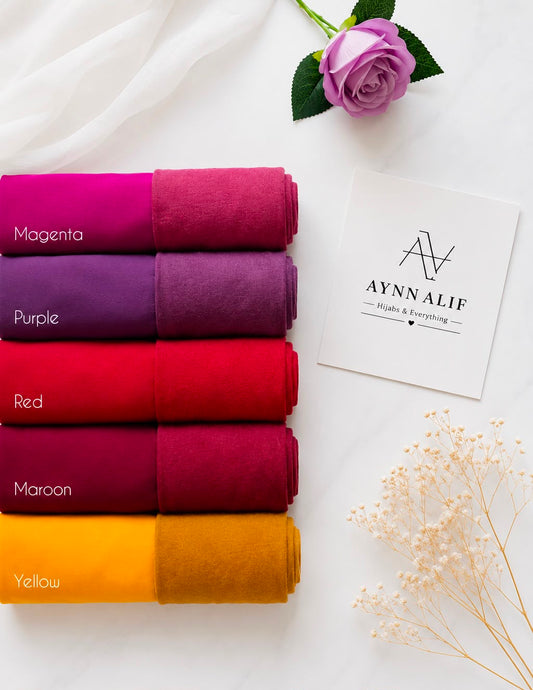 Aynn Alif Magenta, Purple, Red, Maroon and Yellow chiffon georgette hijabs with matching plain jersey tube bands.