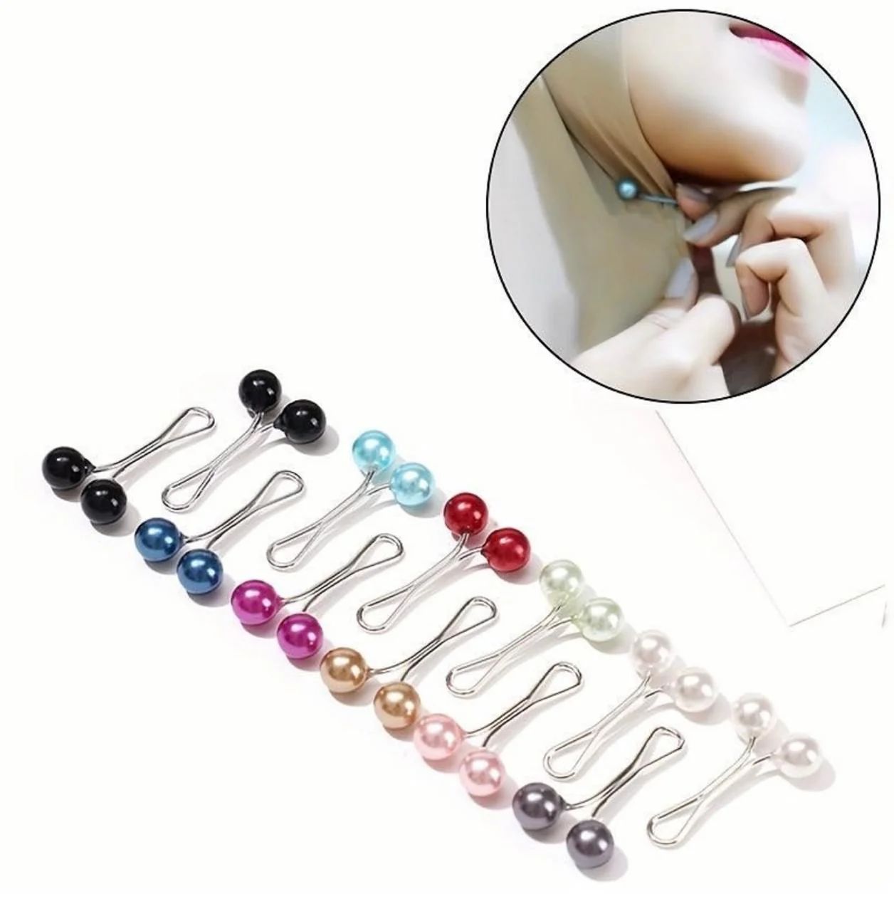 Multi pearl loop pin for hijab styling featuring assorted colored pearl beads and silver glider design, snag-free scarf accessory with secure hold.