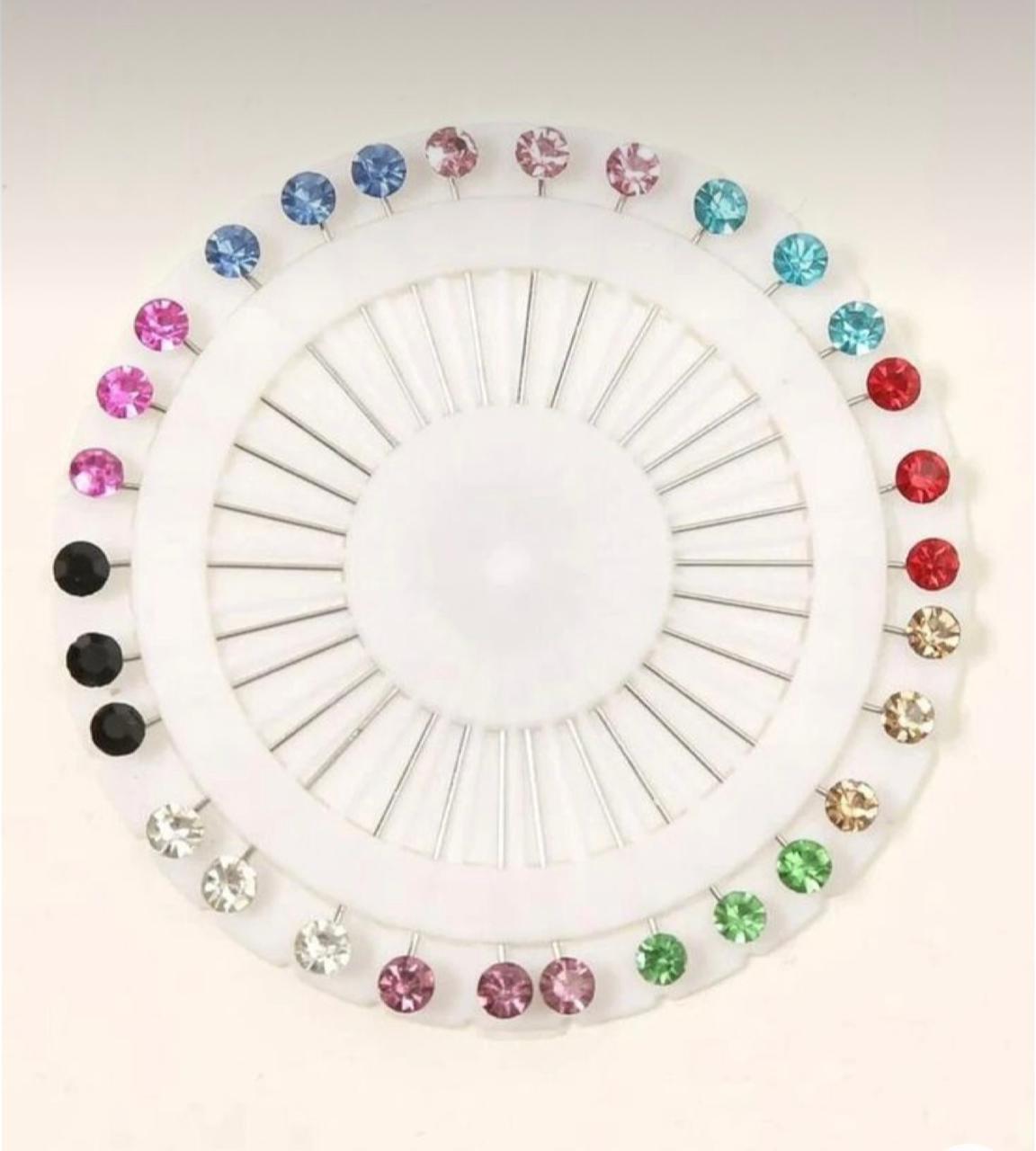 Multi stones studded pinwheel hijab pins with 30 colourful embellished scarf pins for secure hijab wear.