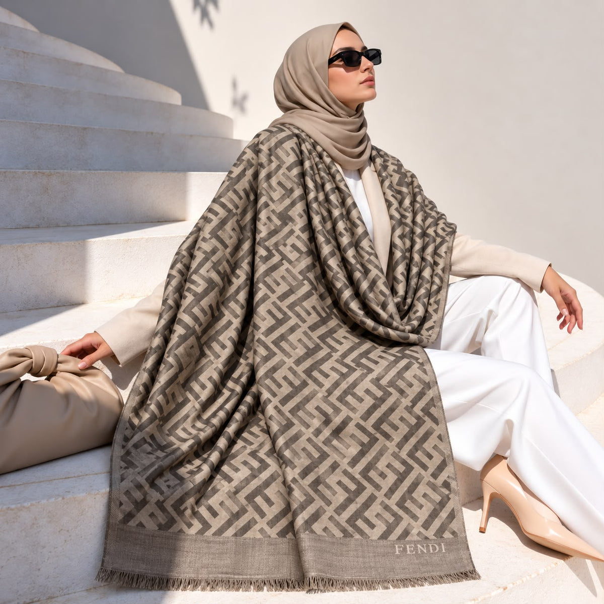 Mushroom taupe pashmina wrap with contrasting geometric pattern, tonal border and fringed edges styled elegantly over a winter outfit.