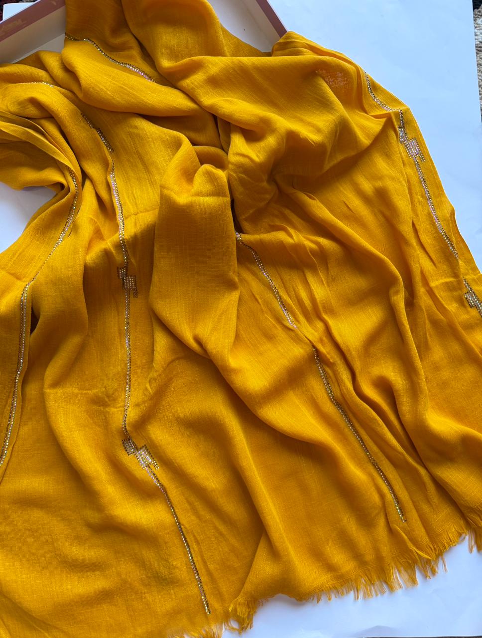 Yellow Turkish lawn hijab with crystal details breathable lightweight modest scarf