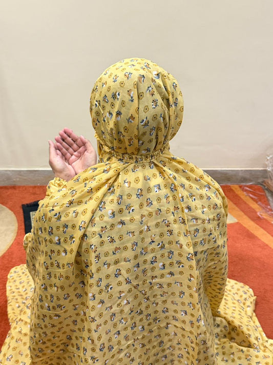 Mustard yellow floral namaz chaadar soft breathable modest prayer chadar full coverage Pakistan