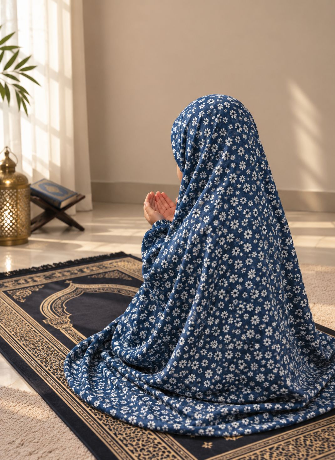 Aynn Alif navy blue daisy floral Kids Namaz Chaadar in soft lawn fabric with elastic sleeves and under-chin fit, designed for comfortable Salah ages 5–9.