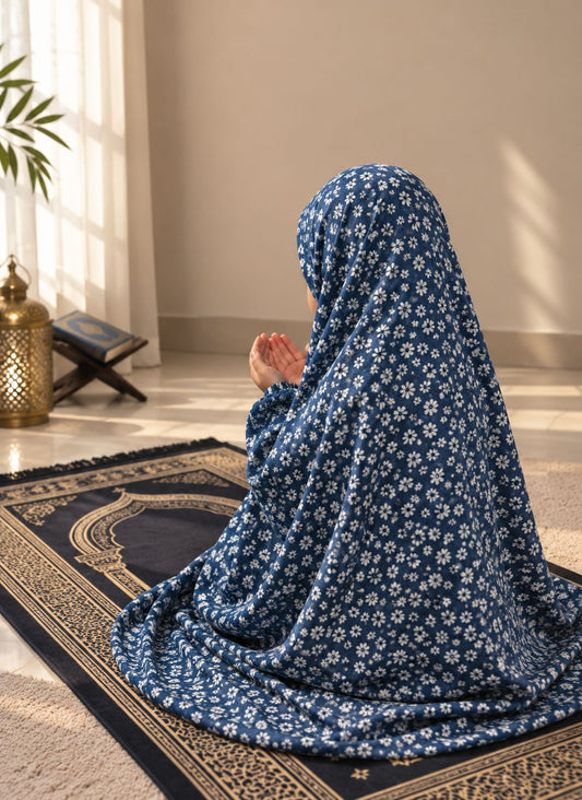 Aynn Alif navy blue daisy floral Kids Namaz Chaadar in soft lawn fabric with elastic sleeves and under-chin fit, designed for comfortable Salah ages 5–9.