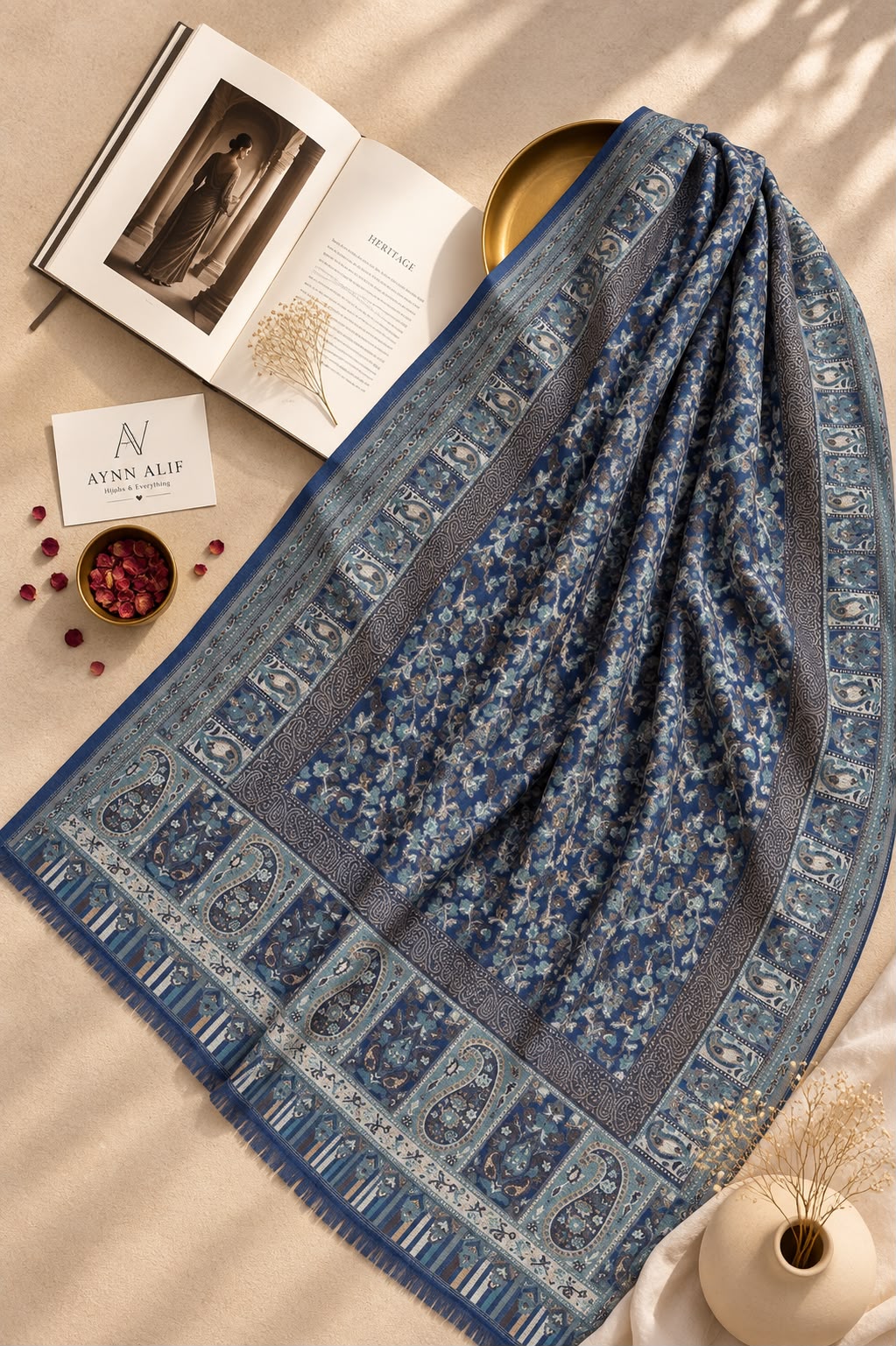 Aynn Alif Kashmiri Kani mini shawl in navy blue and dusty blue featuring intricate ornamental patterns, decorative borders, and delicate ivory accents, styled as a versatile wrap or scarf.