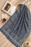 Aynn Alif Kashmiri Kani mini shawl in navy blue and dusty blue featuring intricate ornamental patterns, decorative borders, and delicate ivory accents, styled as a versatile wrap or scarf.