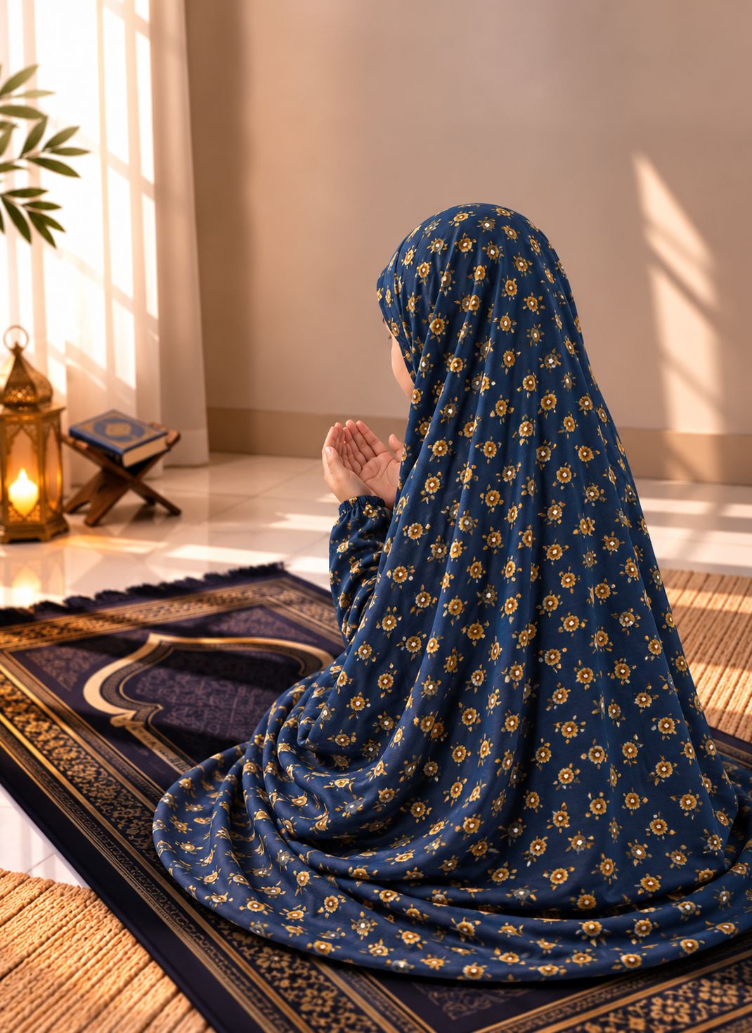 Aynn Alif navy blue Kids Namaz Chaadar with golden floral print in soft lawn fabric, featuring elastic sleeves and under-chin fit for ages 5–9.