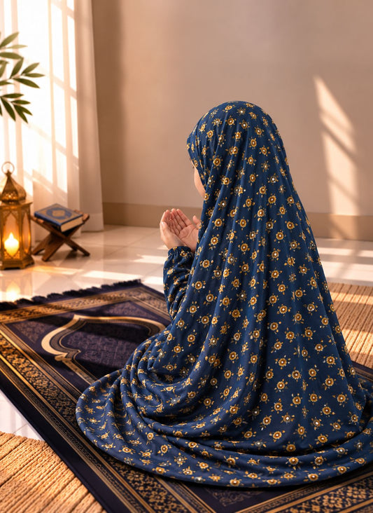 Aynn Alif navy blue Kids Namaz Chaadar with golden floral print in soft lawn fabric, featuring elastic sleeves and under-chin fit for ages 5–9.