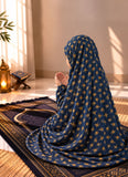 Aynn Alif navy blue Kids Namaz Chaadar with golden floral print in soft lawn fabric, featuring elastic sleeves and under-chin fit for ages 5–9.