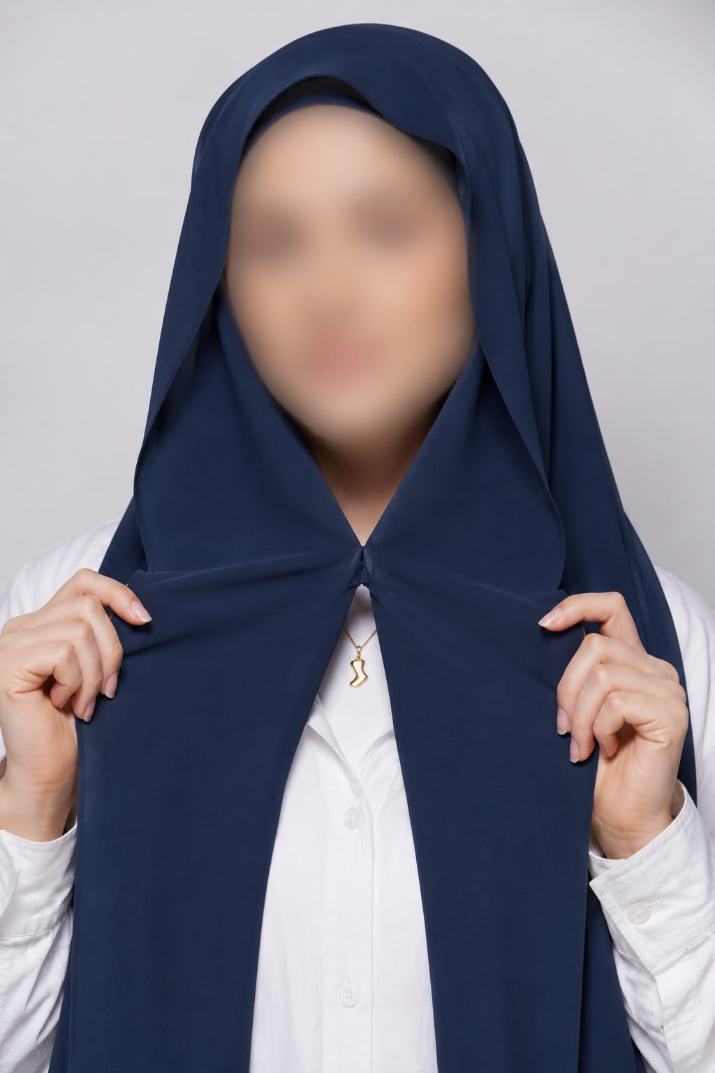 Navy blue instant chiffon georgette hijab with attached tube band and built-in magnet for easy everyday styling