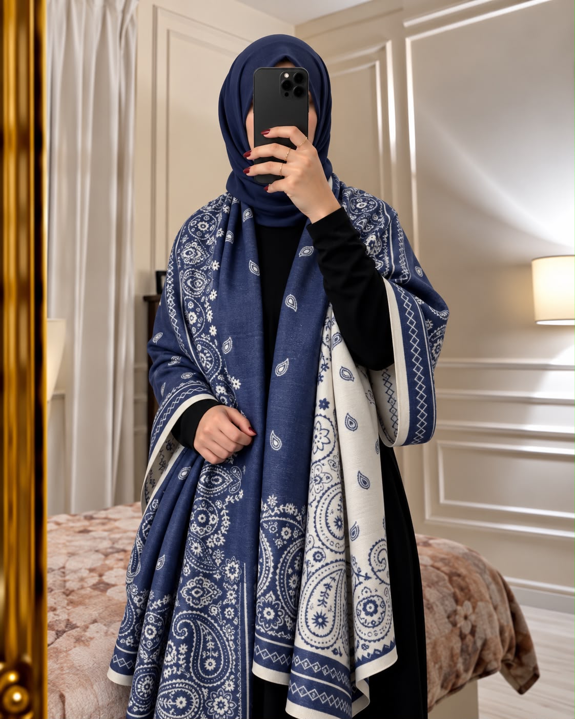 Navy blue and ivory paisley reversible woolen wrap styled over a black modest outfit