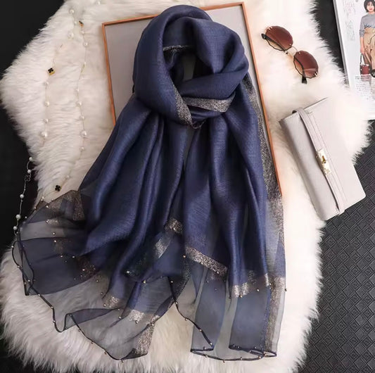 Navy blue khaadi silk hijab with golden pearl organza border